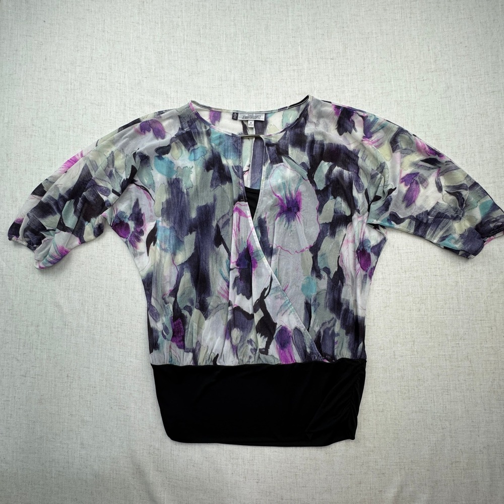 Jennifer Lopez Blouse Womens Medium Floral Mesh Ruched Hem Watercolor Glam